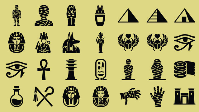 Ancient Egyptian mummy and pharaoh silhouette icons set for history educational projects and archaeological graphics.