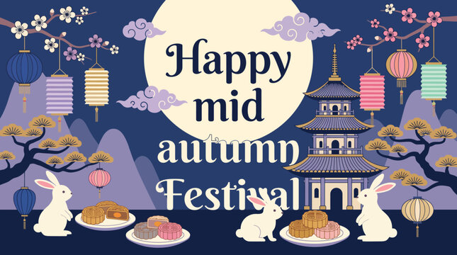A beautiful illustration featuring cute rabbits and mooncakes celebrating the traditional chinese mid autumn festival under a bright full moon