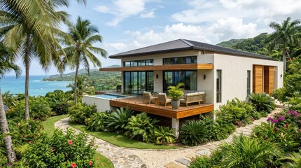 Fototapeta premium A modern, minimalist house with a pool and ocean view, featuring a wooden deck and palm trees.