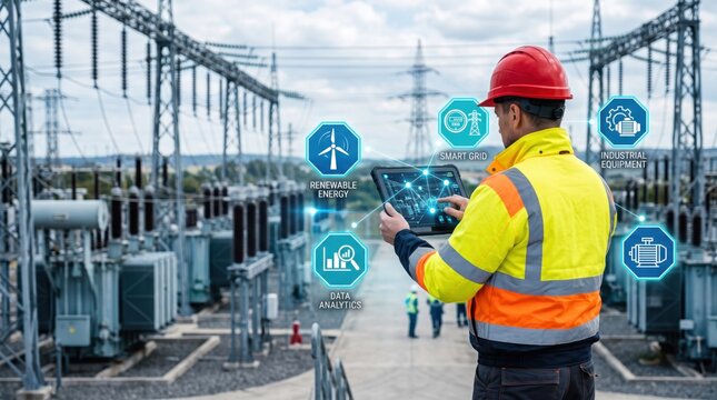 Electrical engineer using tablet for smart grid monitoring, renewable energy management, and industrial data analytics in a modern high voltage substation facility with digital