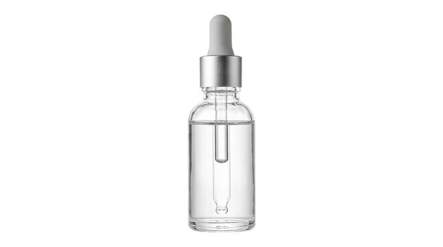 Clear glass dropper bottle with silver cap holding serum liquid used for cosmetic and beauty packaging.