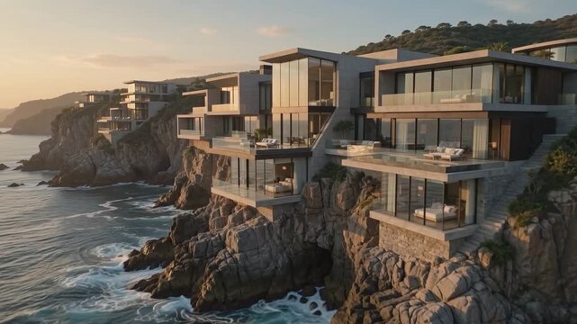 Modern homes cling to rugged cliffs above crashing waves