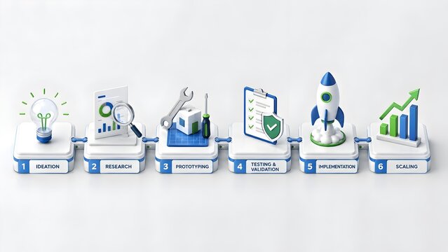 Product Development Lifecycle Stages On 3D White Platform From Idea To Scaling