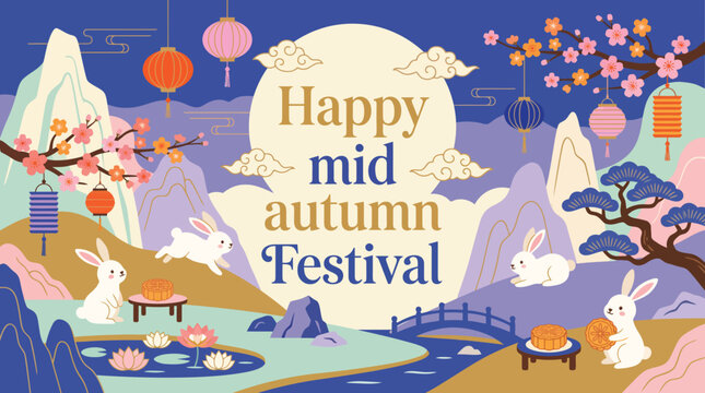 A beautiful artistic illustration celebrating the traditional mid autumn festival featuring cute rabbits and vibrant lanterns in a scenic landscape