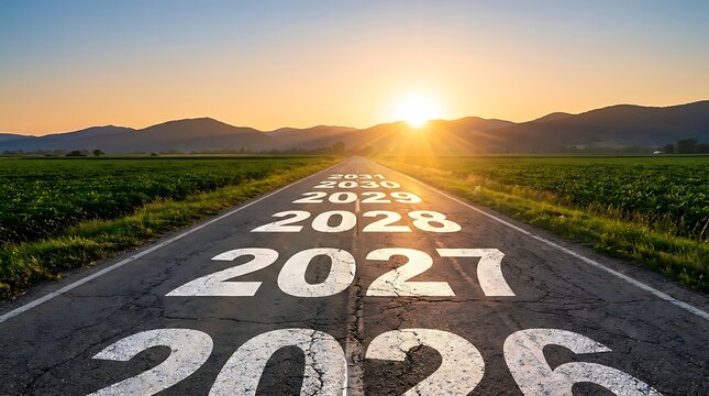 Future years painted on an asphalt road leading towards a sunrise