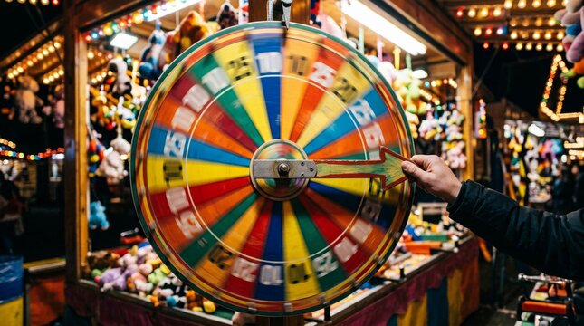 Colorful carnival prize wheel being spun by a person at a night fair.