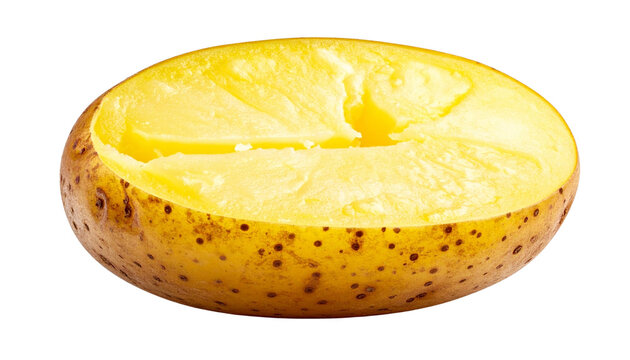 Half of a boiled potato with slightly rough skin and tender yellow flesh, isolated on transparent background