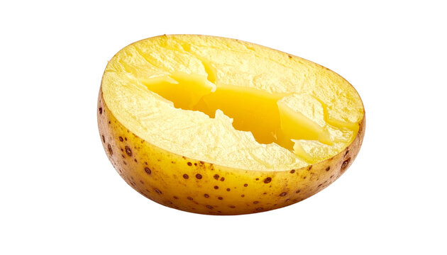 Half a boiled potato with soft pale yellow flesh, isolated on transparent background