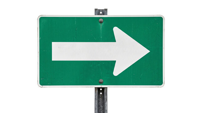 Rectangular green traffic sign with white right arrow indicator for road navigation and wayfinding guidance.