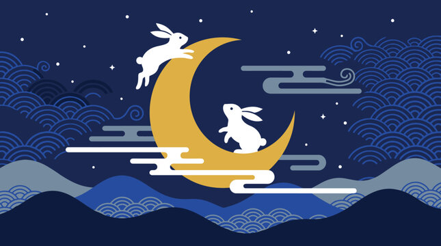 Two white rabbits playing on a golden crescent moon against a dark blue starry night sky mid autumn festival illustration