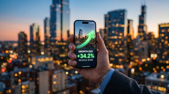Hand holding smartphone displaying green upward arrow graph indicating thirty four percent revenue growth and financial success statistics, set against modern city skyline