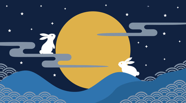 A beautiful illustration featuring two white rabbits under a large full moon during the traditional chinese mid autumn festival celebration