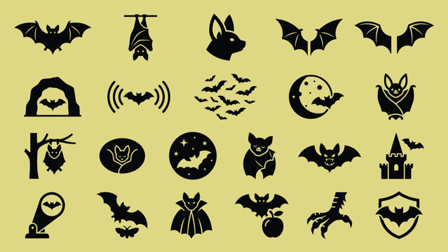 Diverse collection of black bat icons and related symbols on a yellow background.