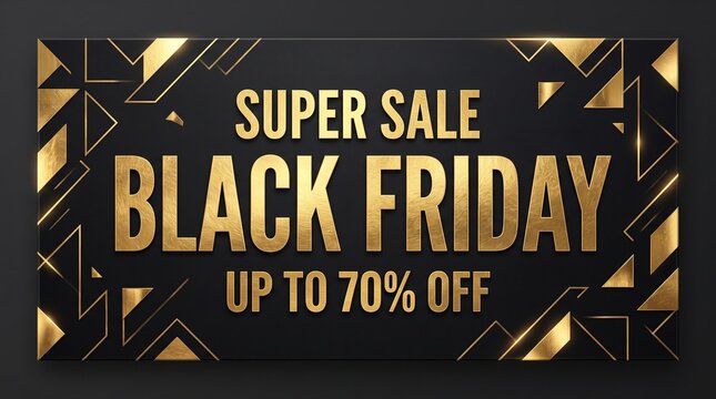 Black Friday Super Sale Banner with Gold Geometric Art Deco Framing