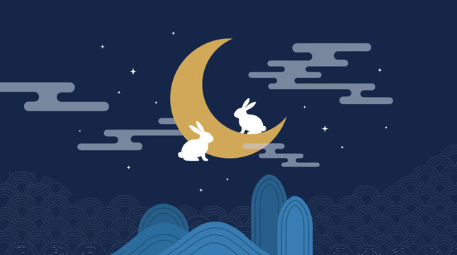 A beautiful illustration featuring two white rabbits sitting on a golden crescent moon during the traditional mid autumn festival night