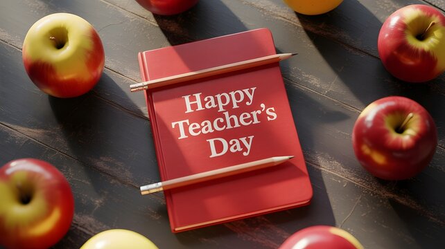 Happy teachers day greeting card with fresh red apples and wooden pencils on a dark rustic background