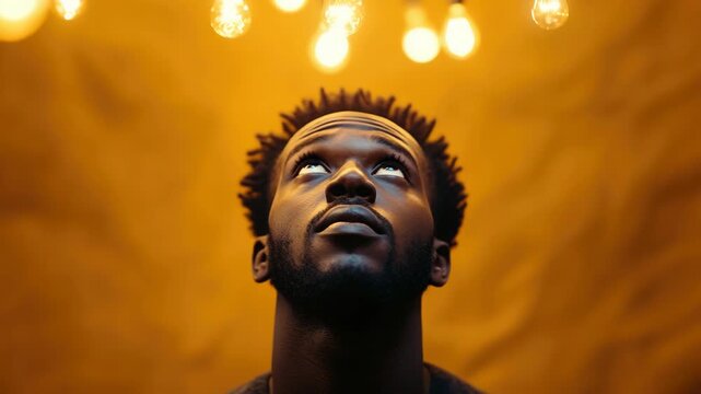 Portrait of a Man Looking Up at Glowing Light Bulbs