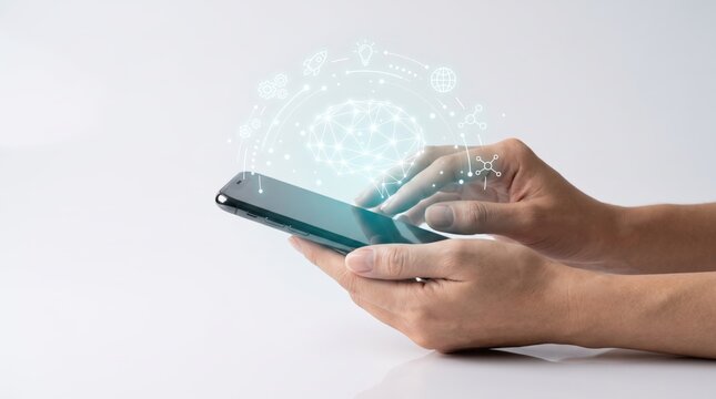 Close up of hands using smartphone with augmented reality hologram of artificial intelligence brain and network nodes floating above screen, symbolizing mobile connectivity