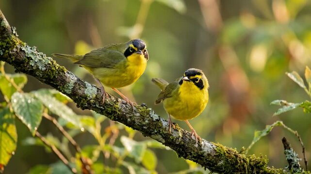 two kentucky warblers close up at morning light in missouri usa woodland video