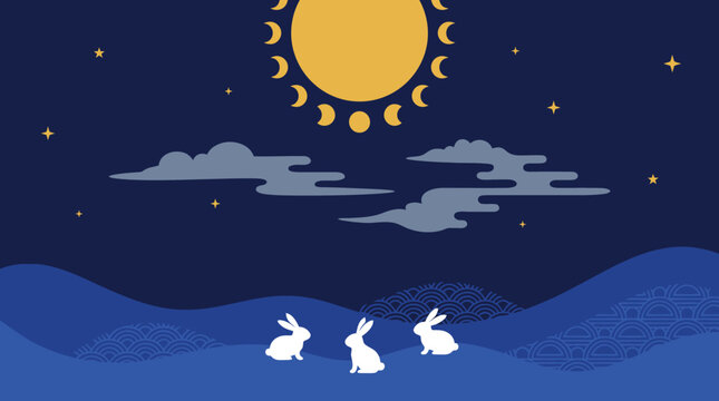 A beautiful flat vector illustration featuring three white rabbits gazing at a glowing full moon during mid autumn festival night