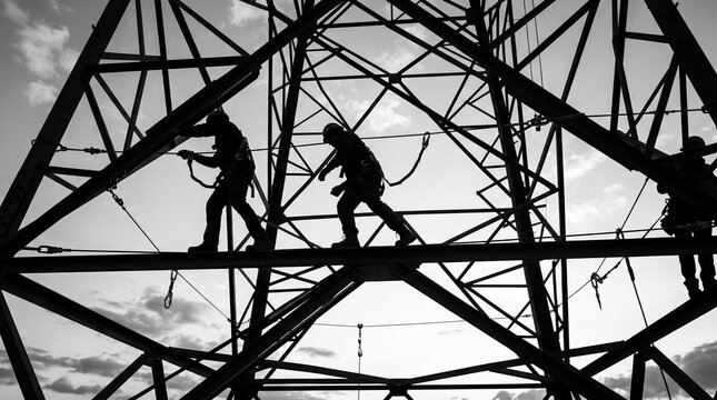 Silhouette of electrical workers climbing high voltage transmission tower.