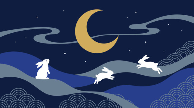 A beautiful artistic illustration featuring three white rabbits jumping under a bright crescent moon during the traditional mid autumn festival