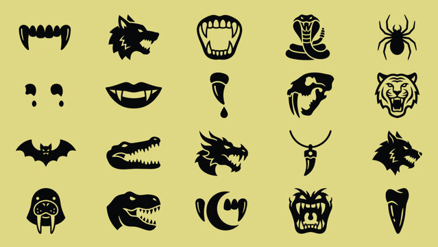 Monster fangs and sharp teeth silhouette icons pack containing predator jaws dragon head and wild animal mouths on yellow background.