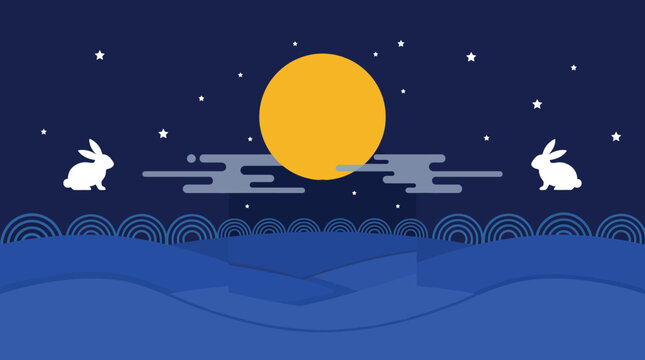 A beautiful pixel art illustration featuring the full moon and cute rabbits celebrating the traditional annual mid autumn festival event