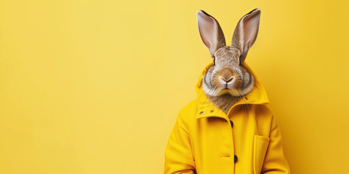 Charming domestic rabbit Oryctolagus cuniculus wearing a bright yellow raincoat against a matching solid backdrop, perfect for whimsical children book illustrations and playful commercial design proje