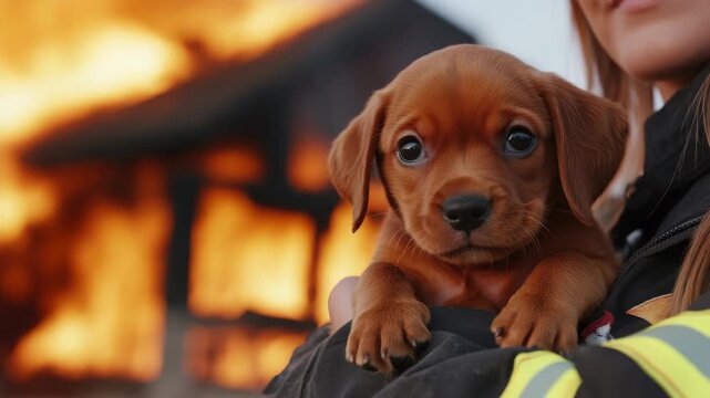 Adorable brown puppy held by a firefighter in front of a fire scene
