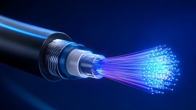 Fiber Optic Cable Cross Section Transmitting Glowing High Speed Optical Data