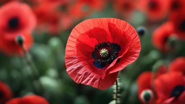 Close-up of a blooming red poppy in a summer field