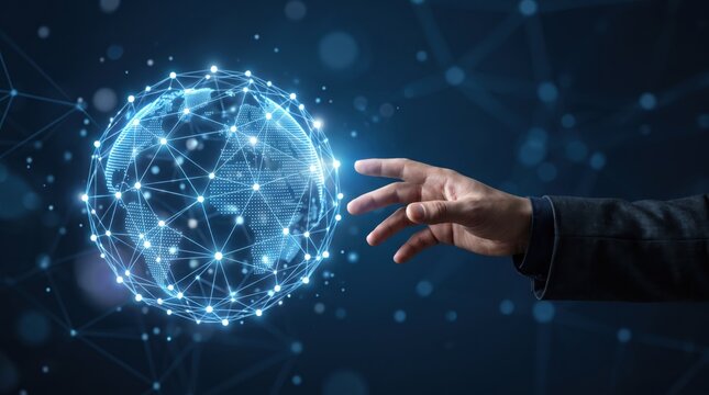 Futuristic of global connectivity showing a human hand reaching out to touch a glowing digital earth globe composed of interconnected nodes and lines representing the internet