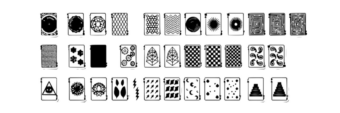 Playing cards set with symmetrical patterns featuring mandalas, geometric shapes, floral designs with monochrome and detailed illustrations