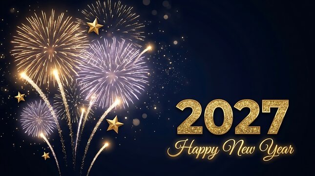 2027 happy new year celebration with golden glitter numbers and fireworks