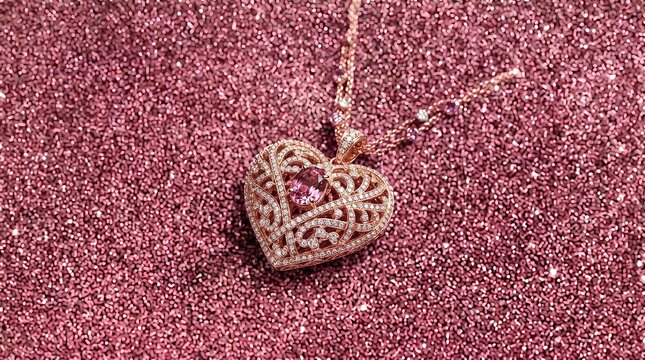 Ornate rose gold heart shaped locket necklace with pink gemstone center displayed on a sparkling pink glitter textured background