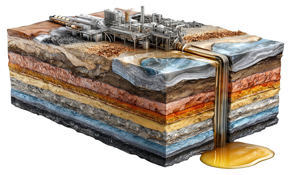 Cross section of soil block reveals oil extraction well drilling down to underground crude oil deposit. layers of earth are vividly displayed, showcasing complexity of geological, isolated