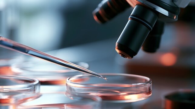 A close up view of a pipette dispensing liquid into a petri dish under a microscope in a laboratory setting
