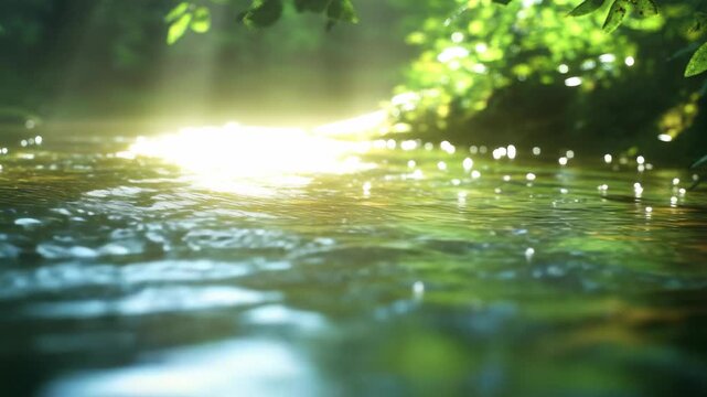 Sparkling River Water Surface with Sunlight and Bokeh Effects
