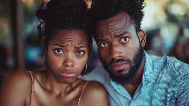 Worried African American couple with concerned expressions in close-up