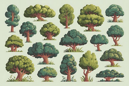 Illustration Trees And Bushes Set High Resolution Picture