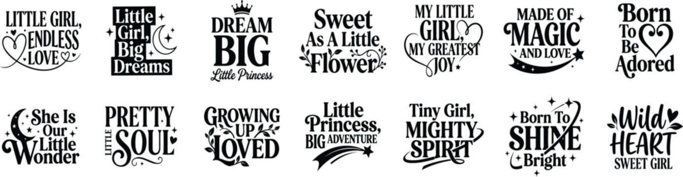 Collection of inspirational hand lettered typography quotes for girls featuring motivational phrases and decorative elements for creative design projects