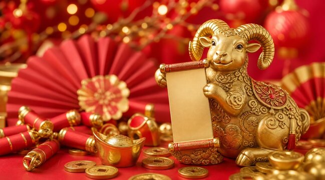 Golden Ram Statue Holding Blank Scroll for Chinese New Year Celebration.