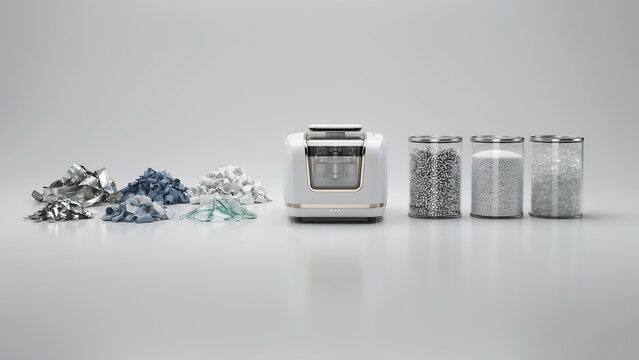 Industrial waste recycling machine processing metal scraps into raw material jars with sustainable technology