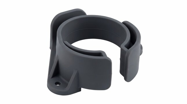 Grey plastic circular pipe clip support bracket featuring reinforced mounting flanges for secure industrial installation on flat utility surfaces isolated