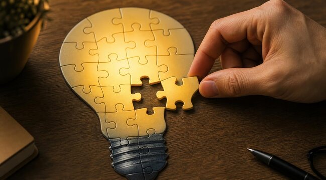 Hand placing the final piece of a golden lightbulb puzzle on a wooden desk.