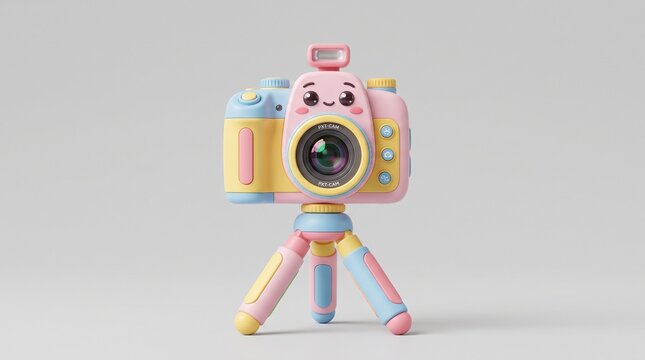 Cute pastel toy camera on a tripod for kids photography and creative play isolated