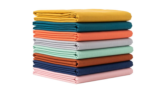 Stack of neatly folded colorful fabric sheets offers textile variety for clothing design, home decor, or craft projects.