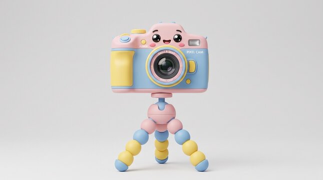 Cute pastel toy camera with a smiling face mounted on a flexible colorful tripod stand