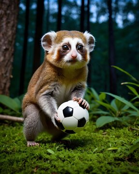 A pygmy slow loris in a twilight forest playing with a soccer ball.